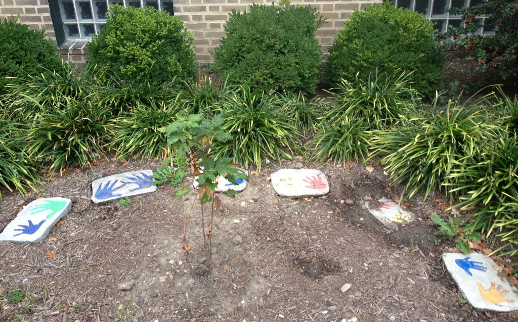 Hand garden students pressed and painted hands for these stepping stones for TNCS front garden