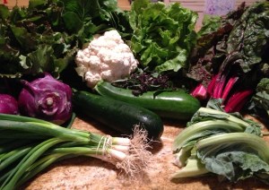 Clockwise from bottom left, spring onions, purple kohlrabi, redleaf lettuce, romaine, Nevada lettuce, rainbow chard, broccoli, and cauliflower greens. The cauliflower head, basil, and zucchini are pictured at center.