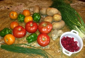 A lovely profusion of red and yellow tomatoes, green peppers, potatoes, fennel, garlic, chives, and---oh yeah---raspberries!