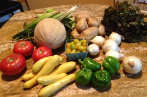 What a feast! Red and yellow tomatoes, green peppers, yellow squash, onions, potatoes, red leaf lettuce, sweet corn, and cantaloupe---sounds like a picnic waiting to happen!