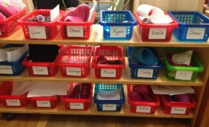 These bins hold students' indoor shoes and any paper work they accumulate throughout the week.