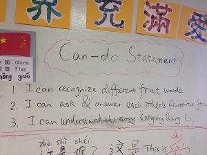 1. I can recognize different fruit words. 2. I can ask and answer about favorite foods. 3. I can understand the story Kong Rang Li.