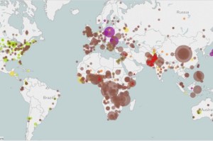 This map shows the resurgence of measles, mumps, rubella, polio, and whooping cough caused by the anti-vaccination movement. Red triangles indicate health care workers who have been affected by the outbreaks.